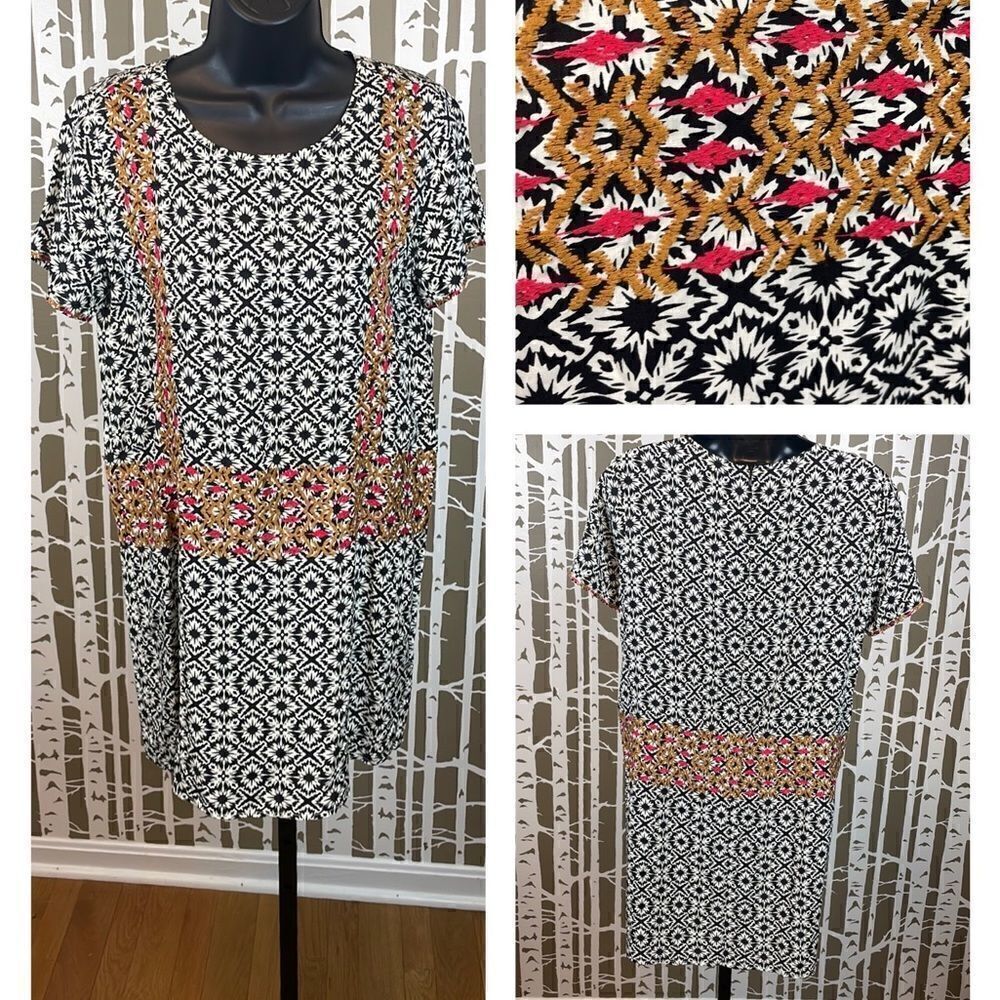 Boho Printed Embroidered Short Sleeve Dress sz S